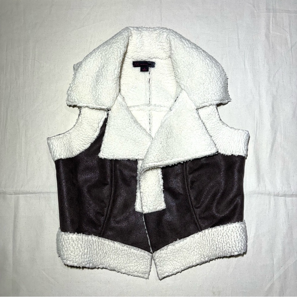 JW Style Cropped Faux Leather Sherpa Vest Brown Off White Western Boho Western S